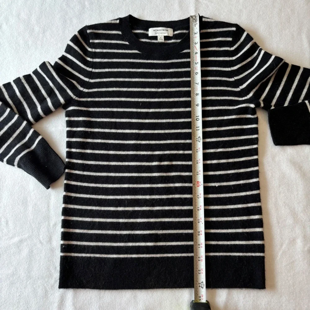 Nordstrom 100% Cashmere Preppy Striped Crewneck Sweater Black White Womens Small - Picture 6 of 6